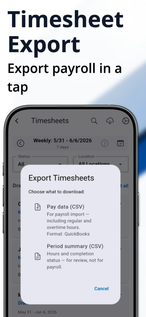 Export timesheets to QuickBooks CSV from the SAMM for Work mobile app