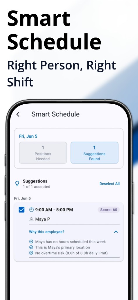 Smart Schedule with scored employee suggestions and plain-English reasons