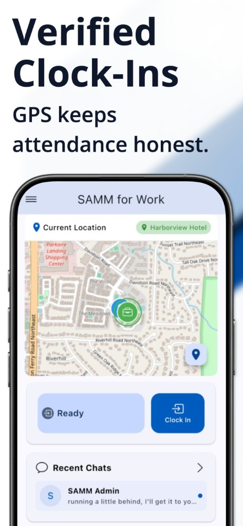 GPS-verified clock-in at Harborview Hotel location